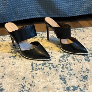 BCBGeneration Black Leather Heeled Mules with silver chain detail size 7